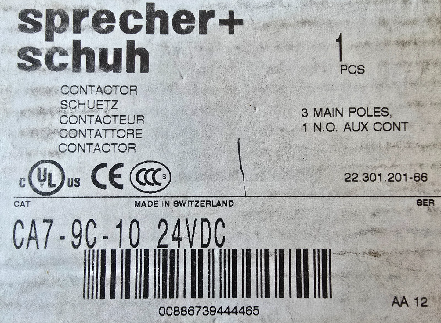 Sprecher+Schuh CA7-9C-10 24VDC CA7 Contactor 3 pole 9A 4kW 1N/O Auxiliary 24VDC