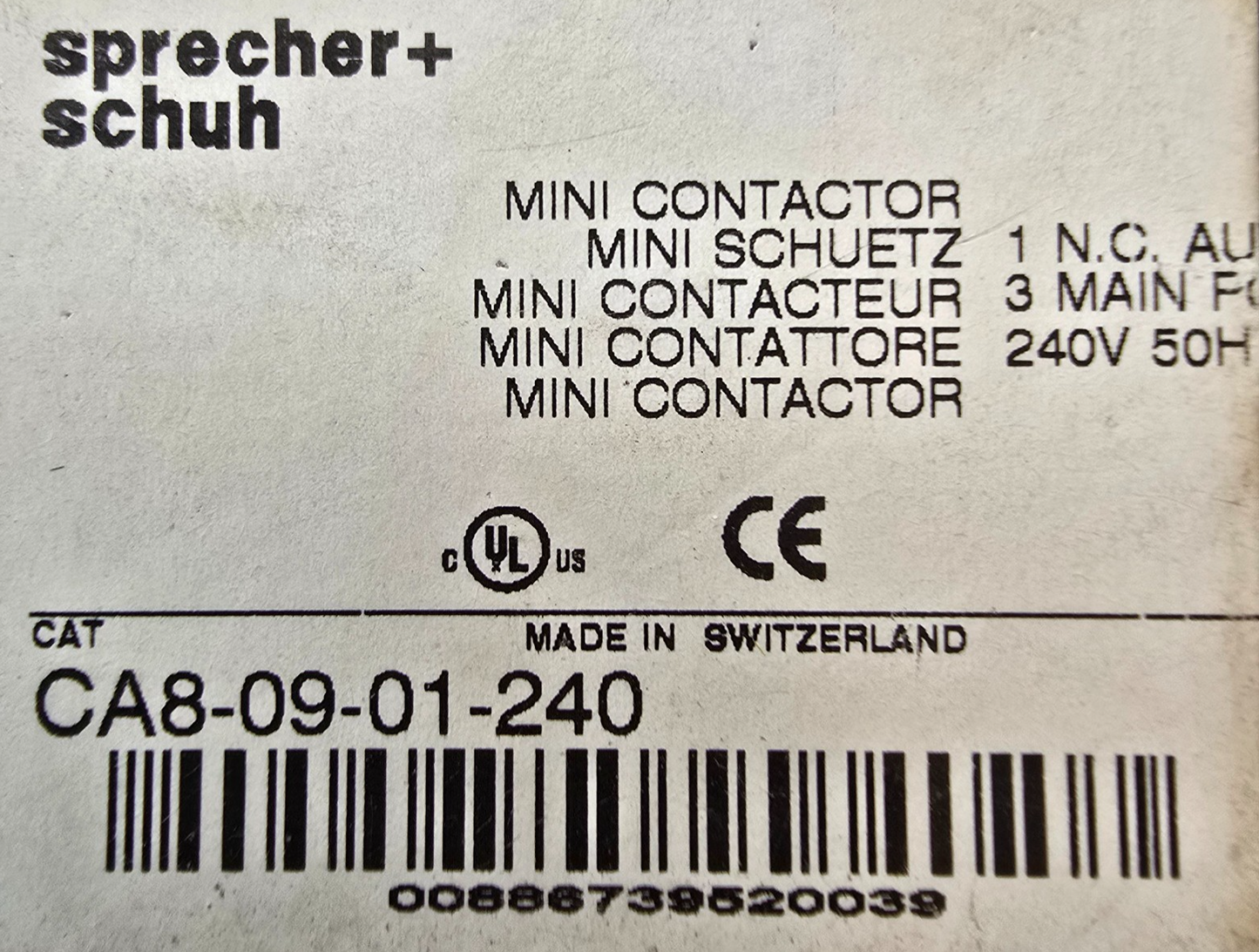 Sprecher+Schuh CA8-09-01-240 CA8 Contactor Mini 4kW 3Pole 240VAC Coil 1NO Aux