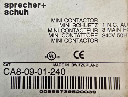 Sprecher+Schuh CA8-09-01-240 CA8 Contactor Mini 4kW 3Pole 240VAC Coil 1NO Aux