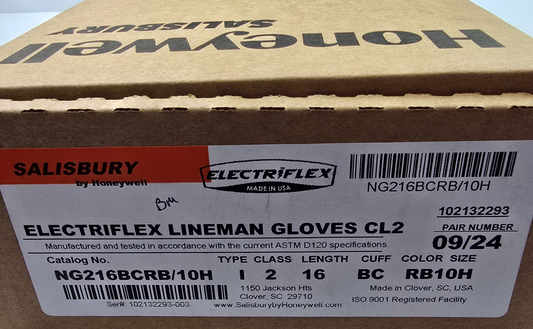 Honeywell NG216BCRB/10H ELECTRIFLEX CLASS 2 RUBBER INSULATING GLOVES Size 10 NEW