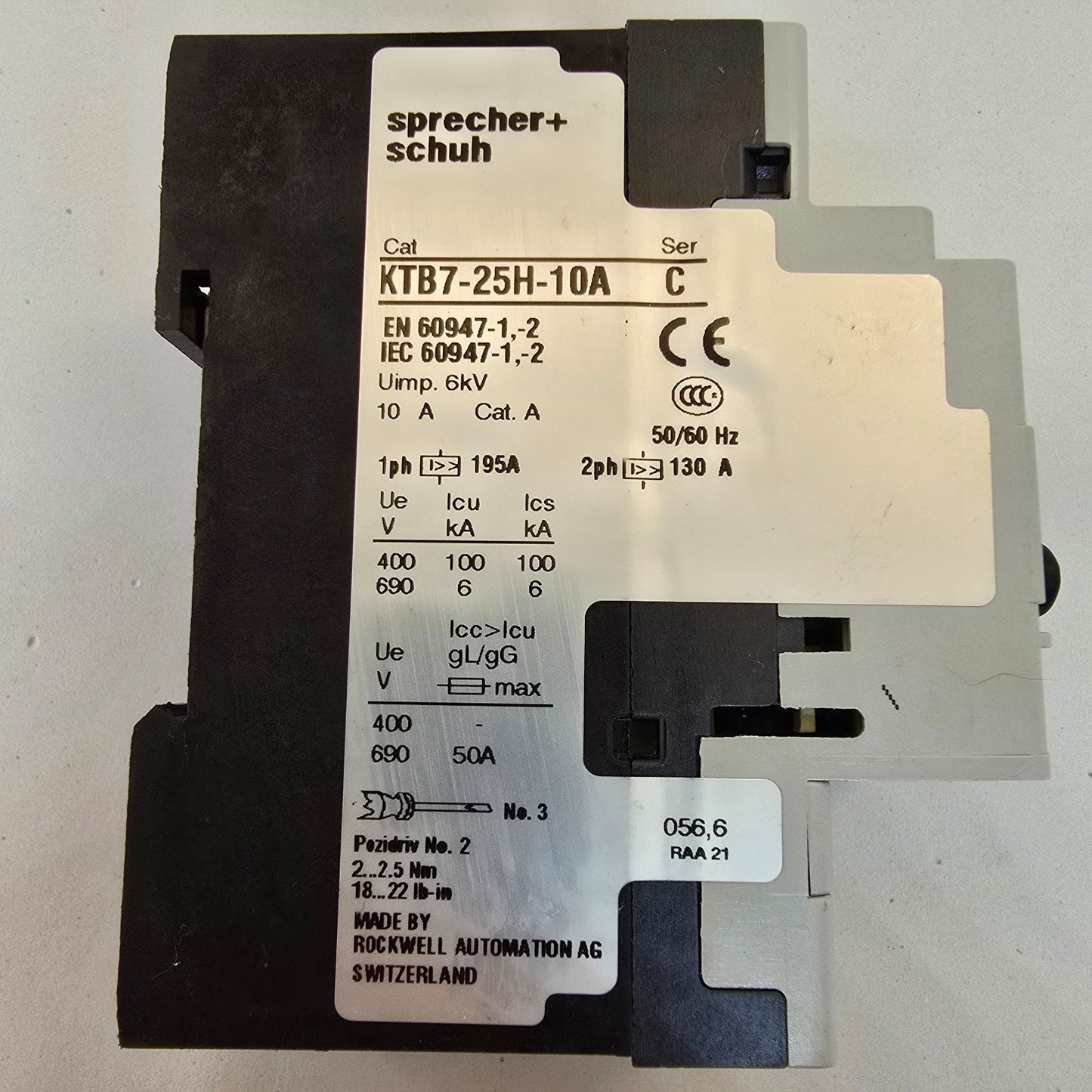 Sprecher+Schuh KTB7-25H-10A KT7 Motor Circuit Protector 10A