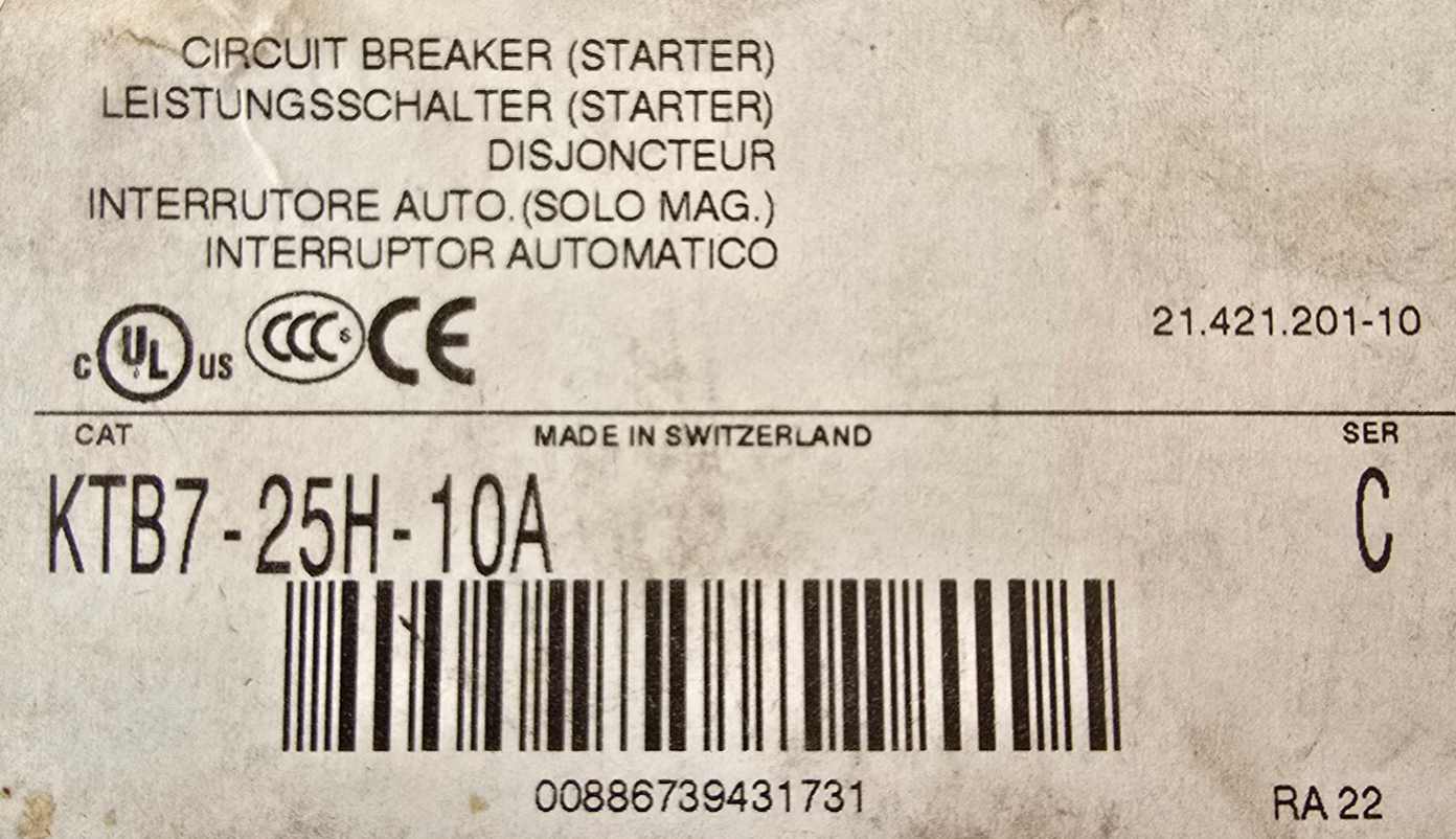 Sprecher+Schuh KTB7-25H-10A KT7 Motor Circuit Protector 10A