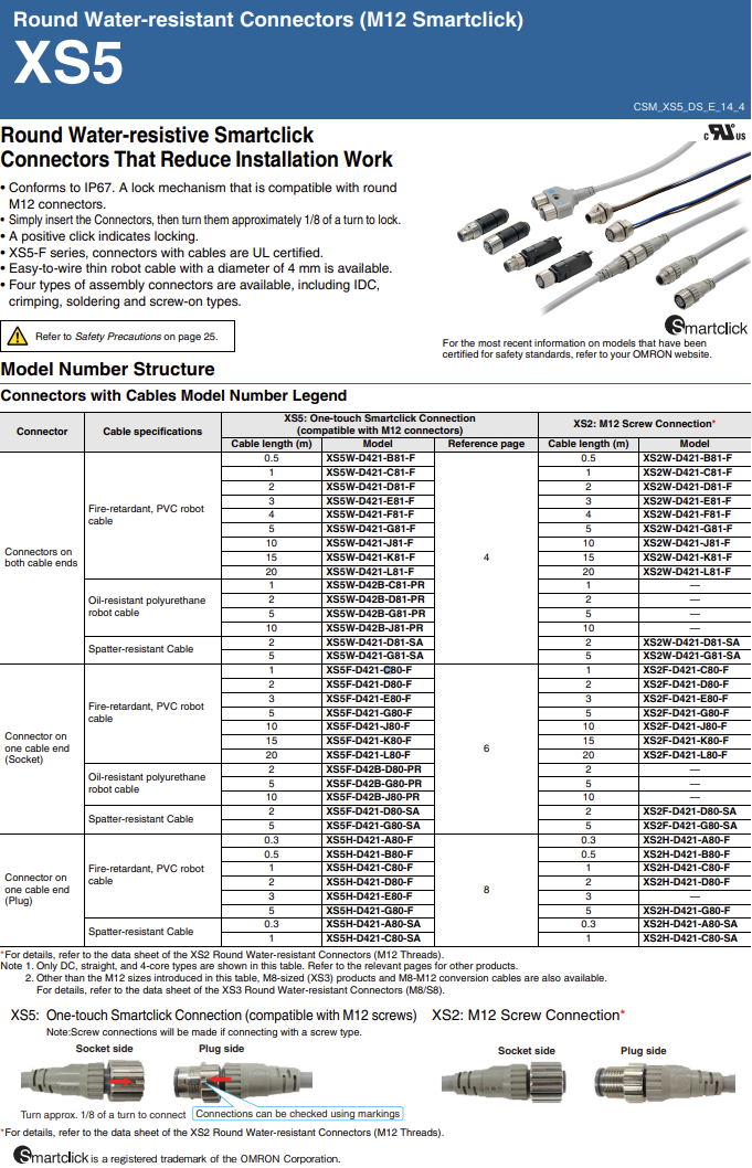 Omron XS5F-D421-G80-F Smartclick M12 (F), 4P, A coded, sensor cable, IP67 5PCS