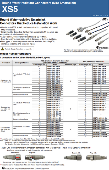 Omron XS5F-D421-G80-F Smartclick M12 (F), 4P, A coded, sensor cable, IP67 5PCS