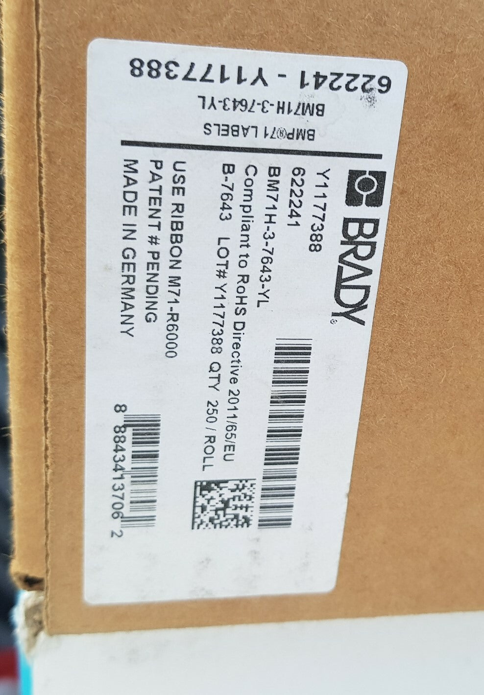 Brady 622241 BM71H-3-7643-YL 75x25 Yellow BMP71 Heatex Cable Marker Box 250