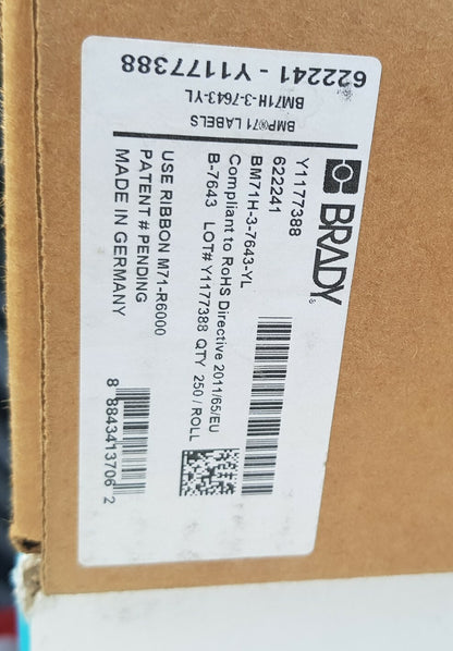 Brady 622241 BM71H-3-7643-YL 75x25 Yellow BMP71 Heatex Cable Marker Box 250
