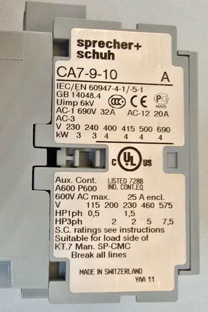 Sprecher+Schuh CA7-9-10-277 CA7 Three Pole Contactor 1xNO 240V-277V AC Coil