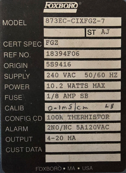 Foxboro 873EC-CIXFGZ-7 Electrochemical Analyzer for Electrodeless Conductivity