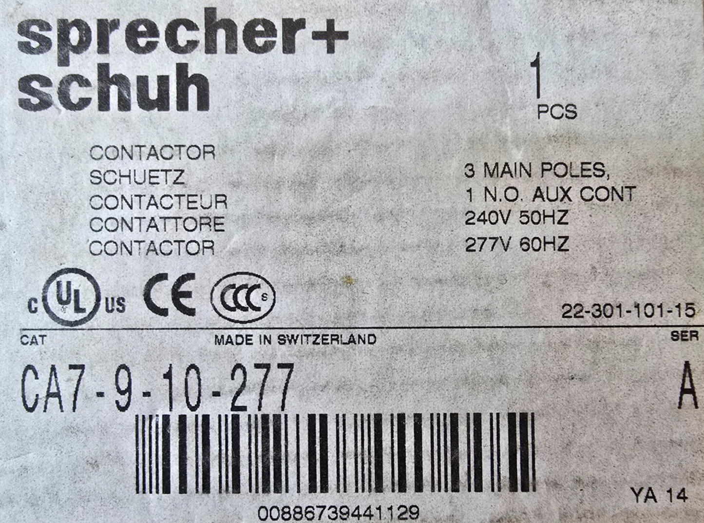 Sprecher+Schuh CA7-9-10-277 CA7 Three Pole Contactor 1xNO 240V-277V AC Coil