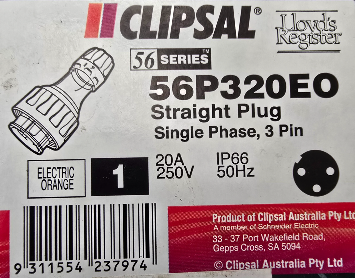 Clipsal 56P320 56P320EO 20A 20-amp 3 Pin plug Straight Round Single Phase