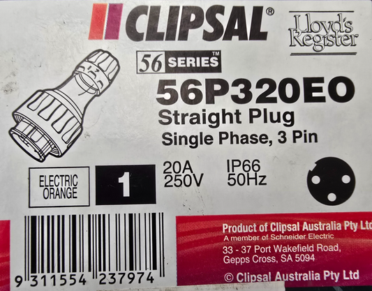 Clipsal 56P320 56P320EO 20A 20-amp 3 Pin plug Straight Round Single Phase