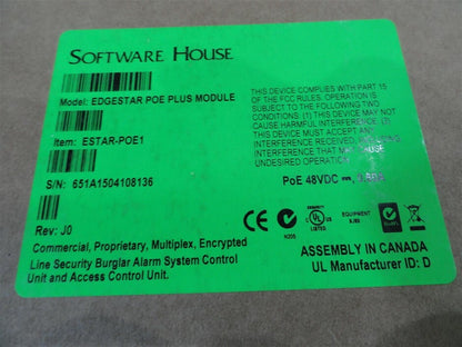 Software House ESTAR-POE1 Edgestar Poe Plus Module PoE 48VDC Rev J0