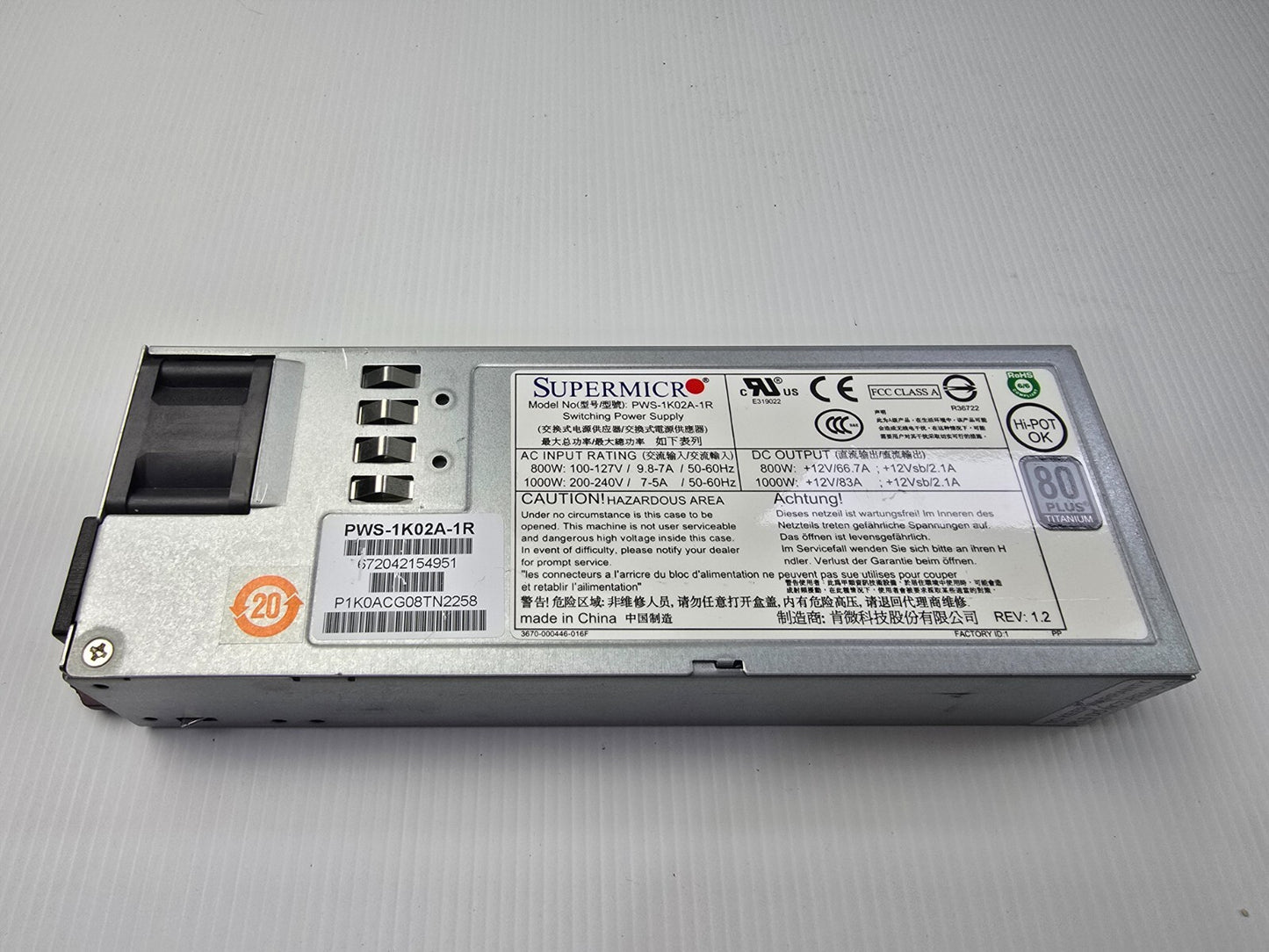 Supermicro PWS-1K02A-1R 1000W 1U Redundant Power Supply