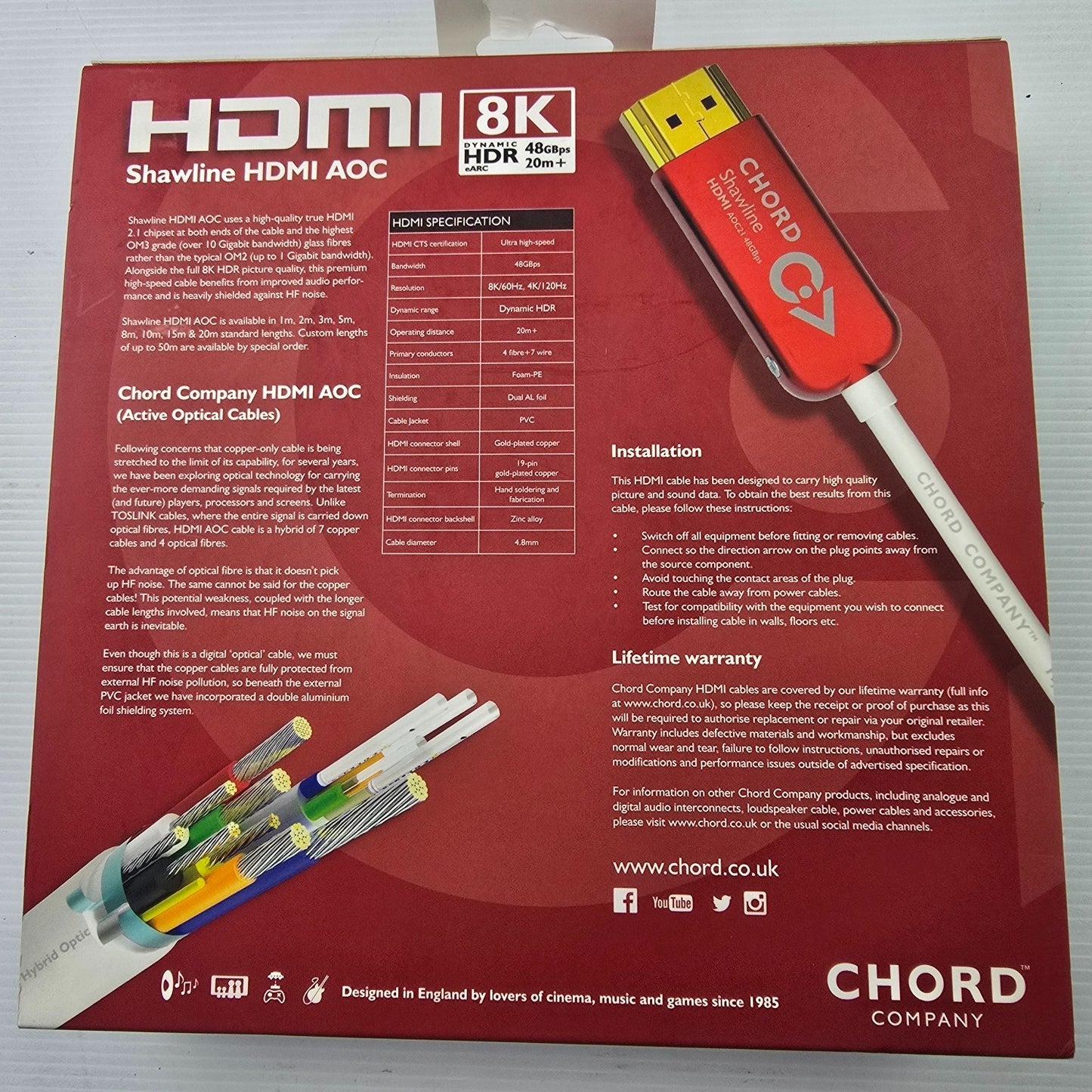 Chord Shawline HDMI AOC 21 4K / 8K HDR 48Gbps HDMI Cable 1m (NEW In Box)