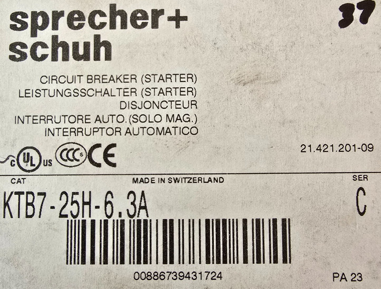 Sprecher+Schuh KTB7-25H-6.3A Motor Protection Circuit Breaker 6.3A KTB725H6P3A