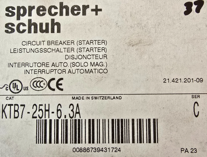 Sprecher+Schuh KTB7-25H-6.3A Motor Protection Circuit Breaker 6.3A KTB725H6P3A