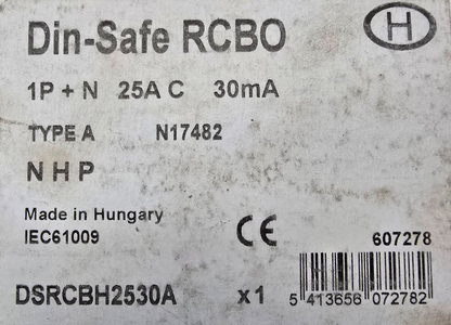 NHP DSRCBH2530A DIN-T RCD w/ Overcurrent 10kA 25A 1Pole N C Curve 30mA Type A