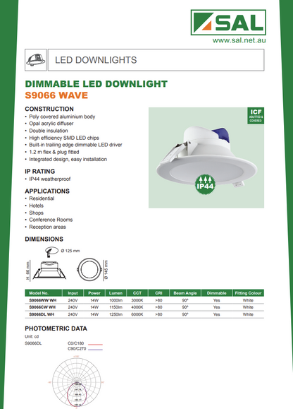 SAL S9066WW WAVE DIMMABLE LED DOWNLIGHT 3000K Warm White (NEW In Box)
