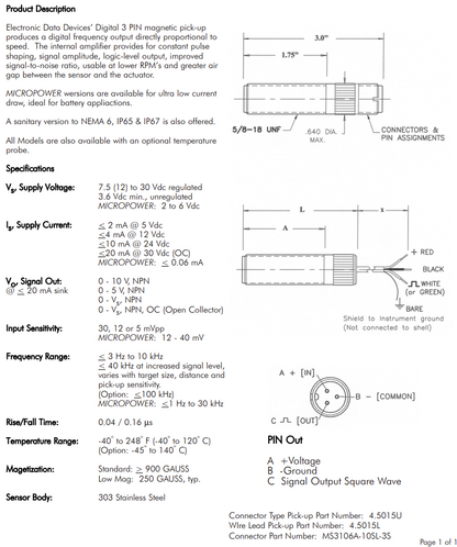 EDD 4.5015U Magnetic Pick-up Sensor (NEW)