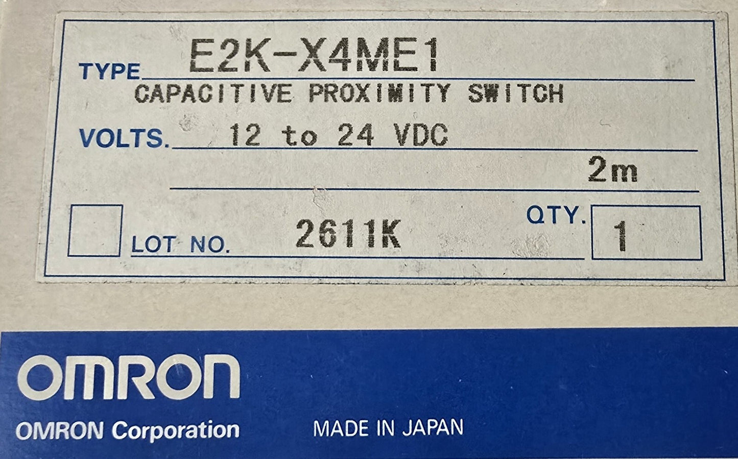 OMRON E2K-X4ME1 Proximity sensor, capacitive, M12, 4mm, DC, NPN-NO, 2m