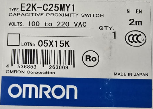 OMRON E2K-C25MY1 Proximity Sensor, 34 dia, 25mm, AC 2-wire, NO, 2m