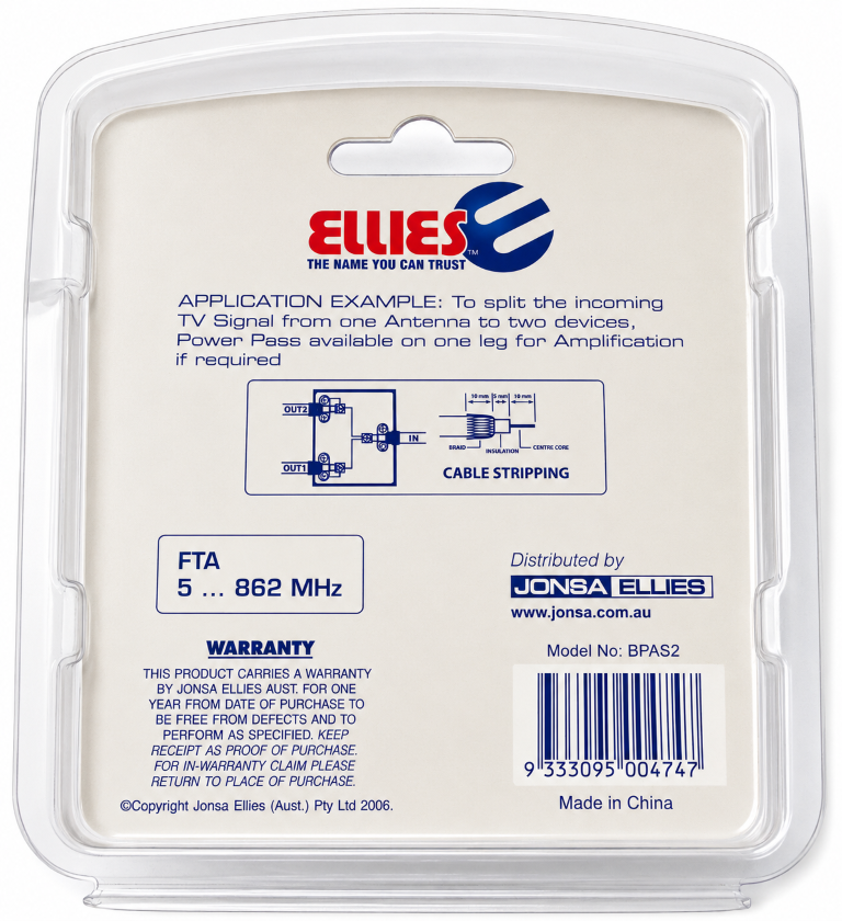 JONSA-ELLIES BPAS2 2 Way TV Signal Splitter FTA Split TV Signal (NEW Sealed)