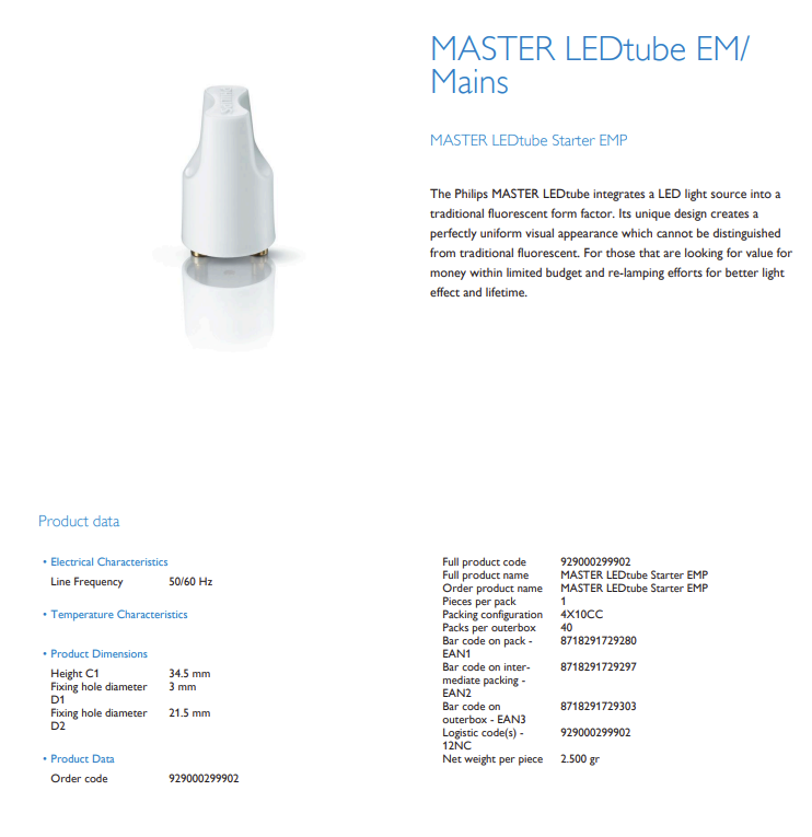 Philips 929000489718 MASTER LEDtube Starter EMP 050 LED [10 Pk] (NEW In Box)