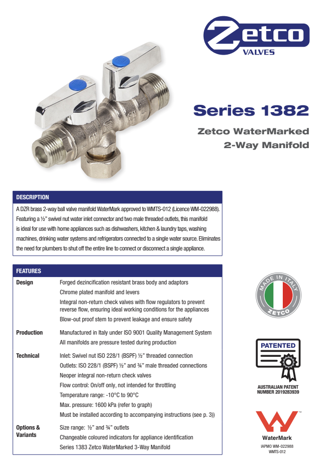 ZETCO 1382033 Watermarked 2-Way Manifold 1/2" Inlet to 2 x 1/2" Outlets (NEW)