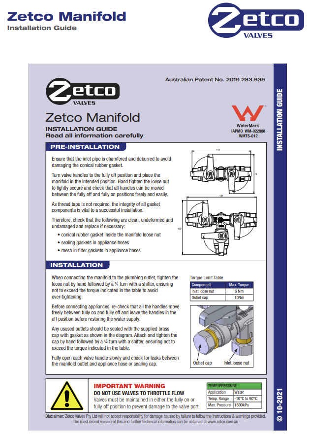 ZETCO 1382033 Watermarked 2-Way Manifold 1/2" Inlet to 2 x 1/2" Outlets (NEW)