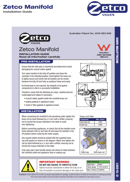 ZETCO 1382033 Watermarked 2-Way Manifold 1/2" Inlet to 2 x 1/2" Outlets (NEW)