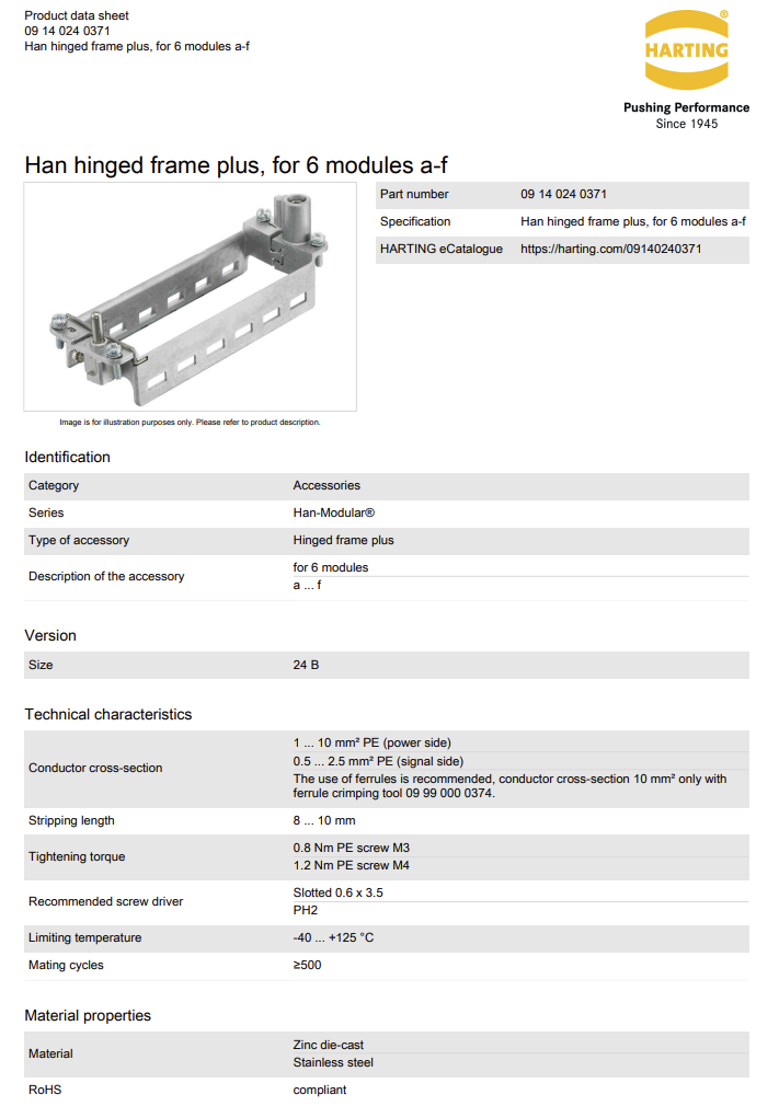 Harting 09140240371 Han Hinged Frame Plus 24B 6 Module A-F (NEW Sealed)