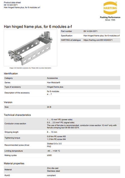 Harting 09140240371 Han Hinged Frame Plus 24B 6 Module A-F (NEW Sealed)