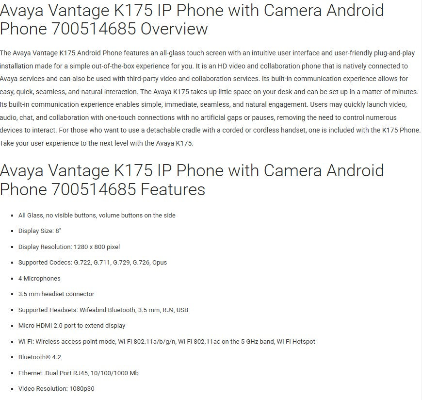 Avaya 700514685 Vantage K175 Touchscreen IP Phone Camera WiFi (NEW Sealed)