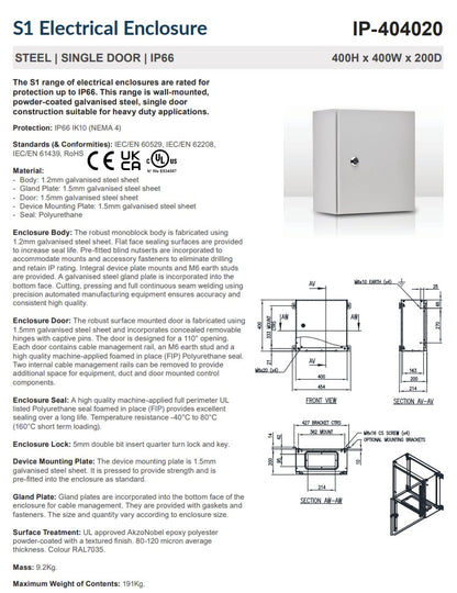 IP-Enclosures IP-404020 IP66 Steel Enclosure 400x400x200 IK10 Grey (NEW In Box)