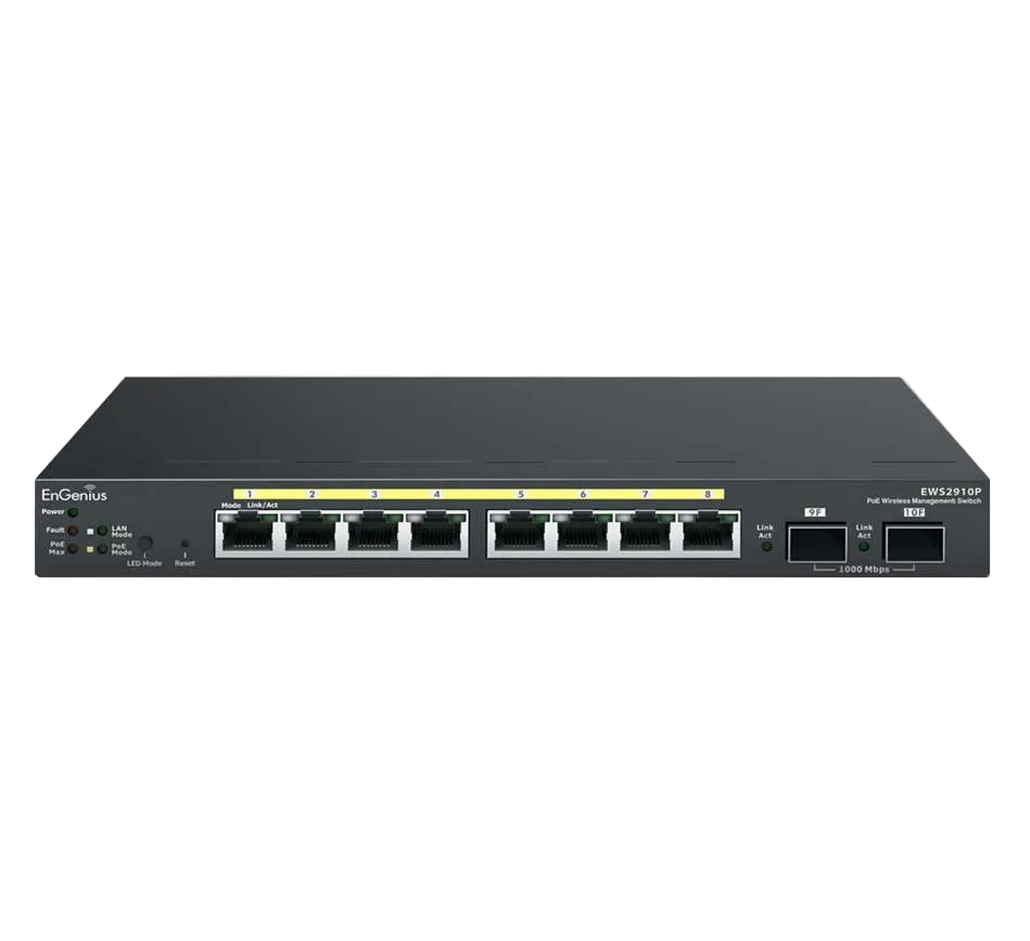 An EnGen EWS-3201P 8-port managed switch in black, shown from a front-facing perspective on a white background with a subtle reflection.