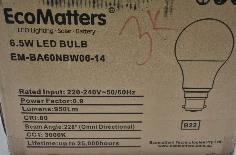 Ecomatters EM-BA60NBW06-14 [2 Pack] 6.5W LED Bulb B22 3000K Warm White (NEW)
