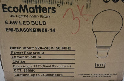 Ecomatters EM-BA60NBW06-14 [2 Pack] 6.5W LED Bulb B22 3000K Warm White (NEW)