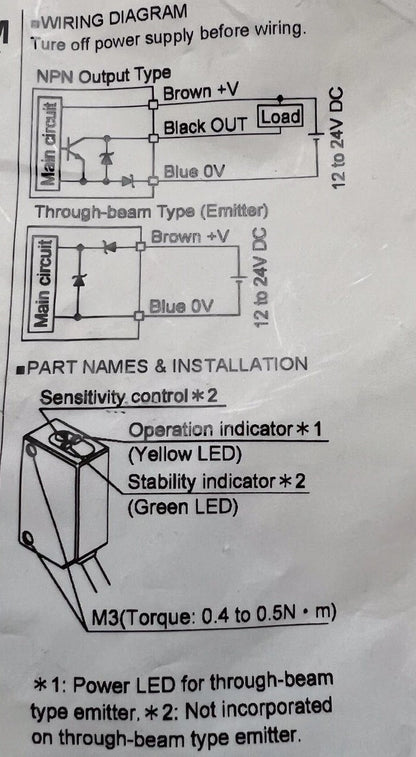 IDEC SA1E-TNR1-2M SA1E-TNP1-2M Through-Beam Sensor Pair NPN 2m (New Opened)