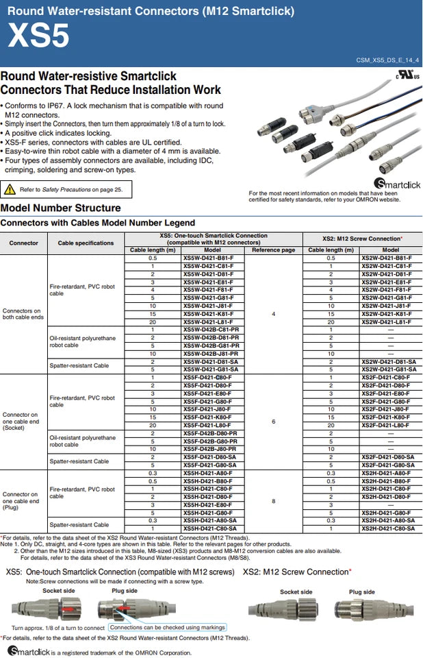 Omron XS5F-D421-G80-F Smartclick M12 (F), 4P, A coded, sensor cable, IP67 1PCS