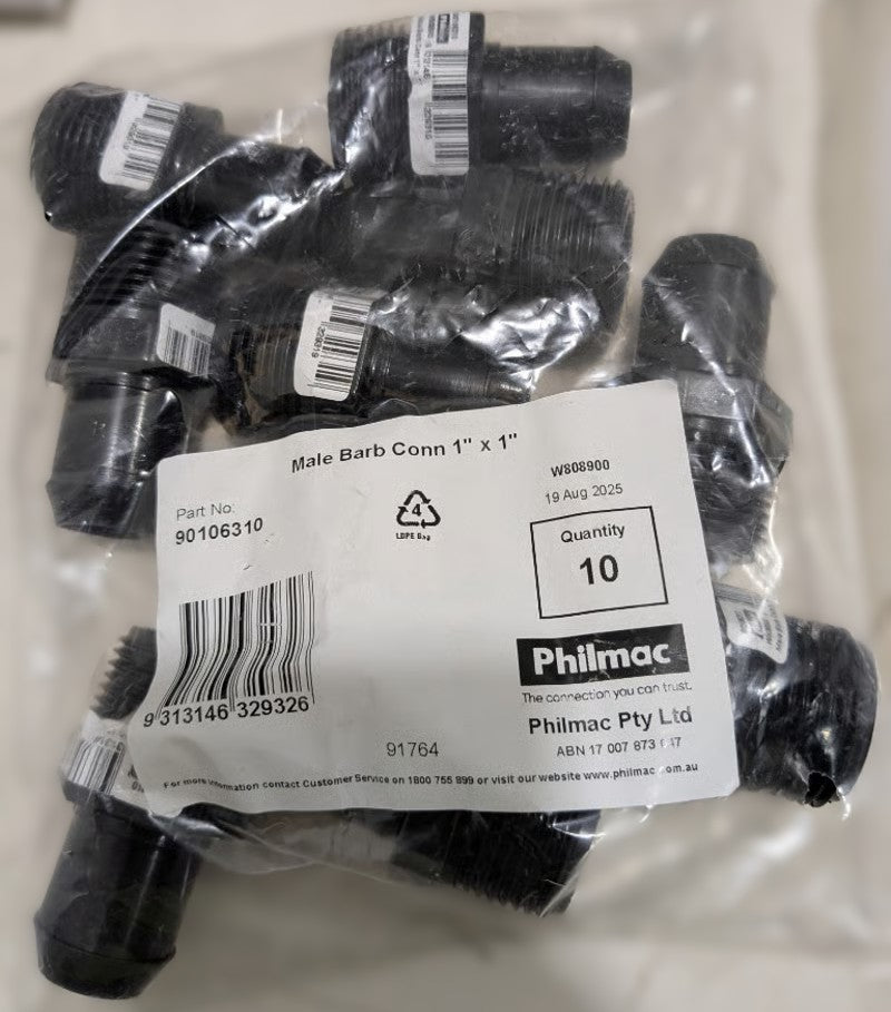 Philmac 90106310 1" Male Barb Connector BSP Threaded Fitting [10 Pack]